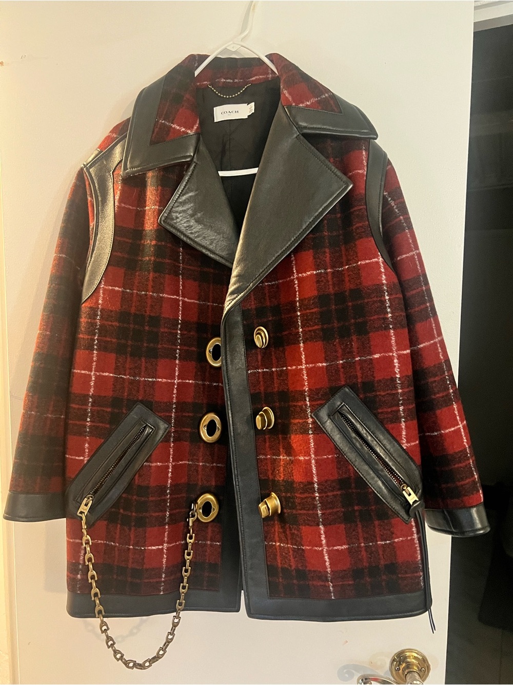 Coach Tartan Plaid Wool Blend Coat with Leather Trim